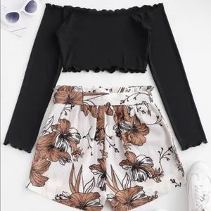 Zaful two piece set. Paper bag shorts and low shoulder top.